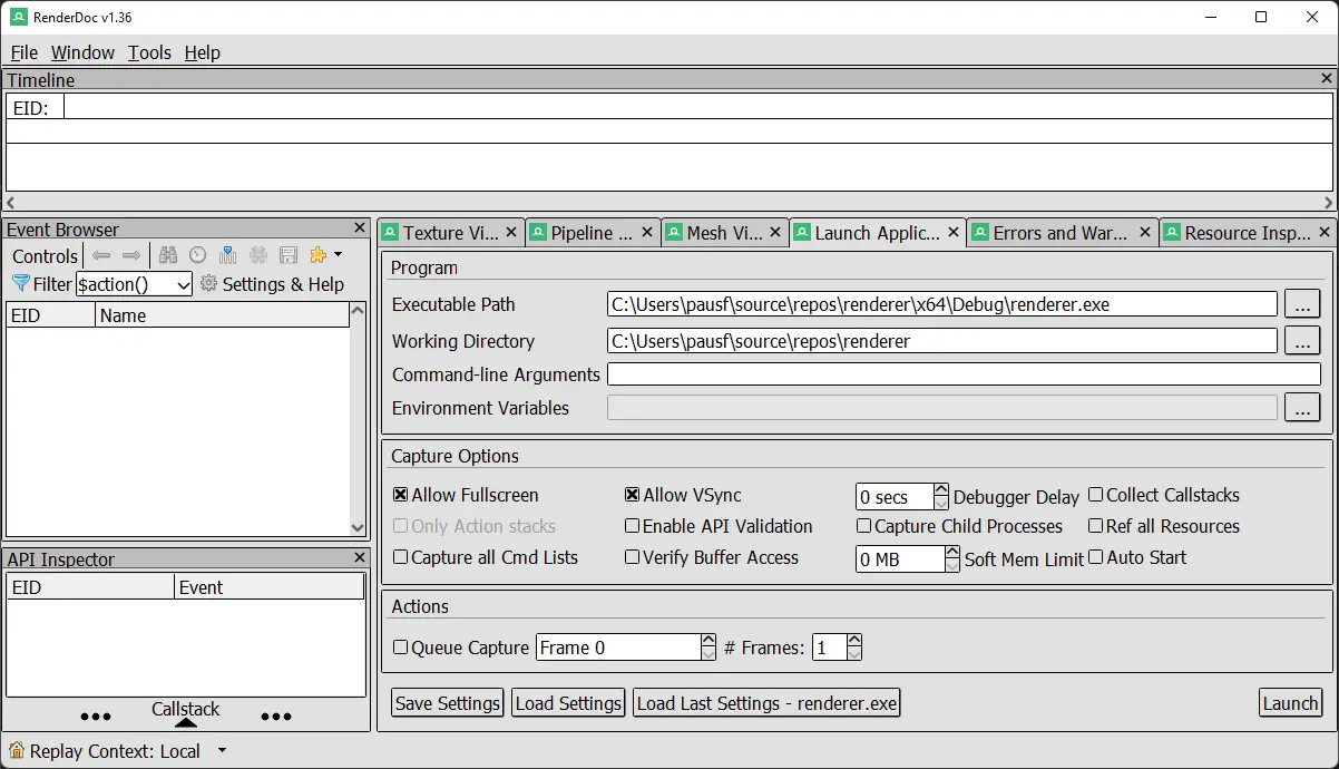 launch settings for RenderDoc
