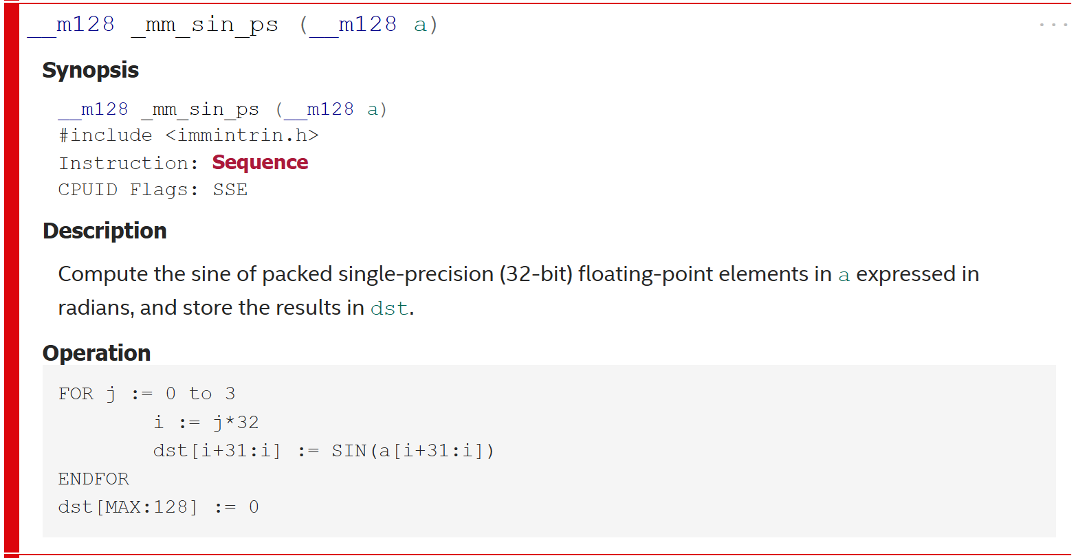 Intel intrinsics guide entry for _mm_sin_ps